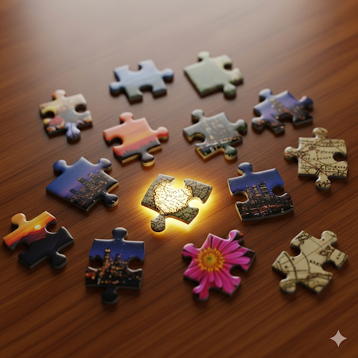 Puzzle pieces scattered on a wooden table, with one piece glowing bright amber to show it's been identified for placement.