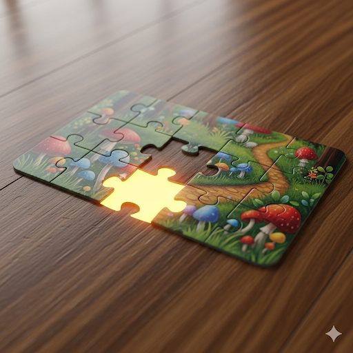A partially assembled forest puzzle with one missing piece, its empty gap glowing bright amber to show where the next piece belongs.